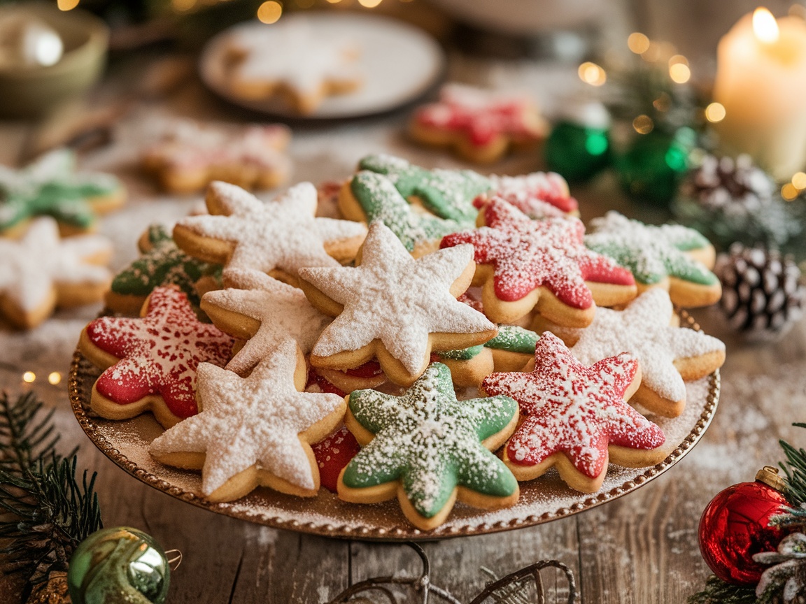 A colorful assortment of Spritz Cookies with powdered sugar on a festive platter, surrounded by holiday decorations.